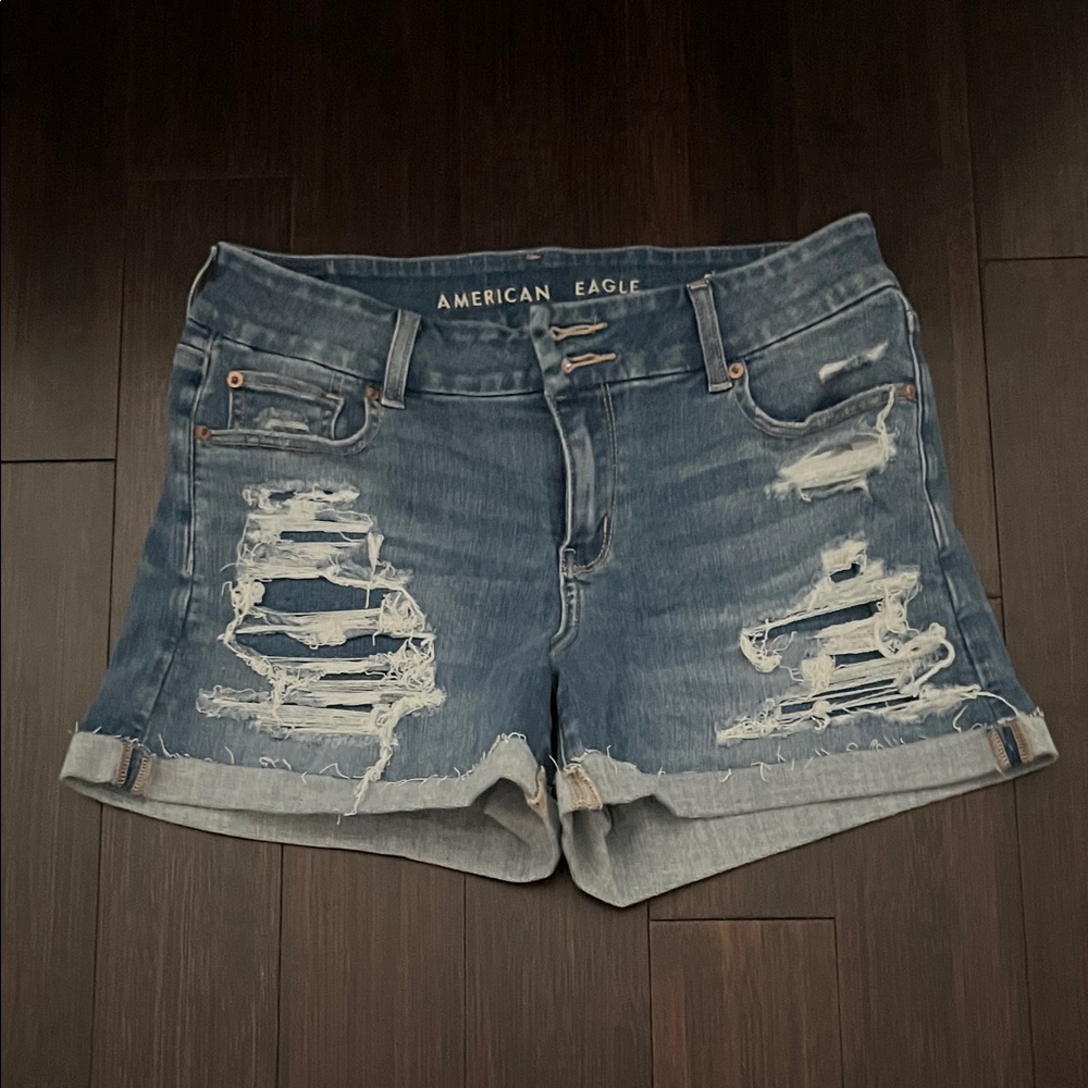 American Eagle Outfitters Distressed Rolled-Hem Denim Shorts - Blue